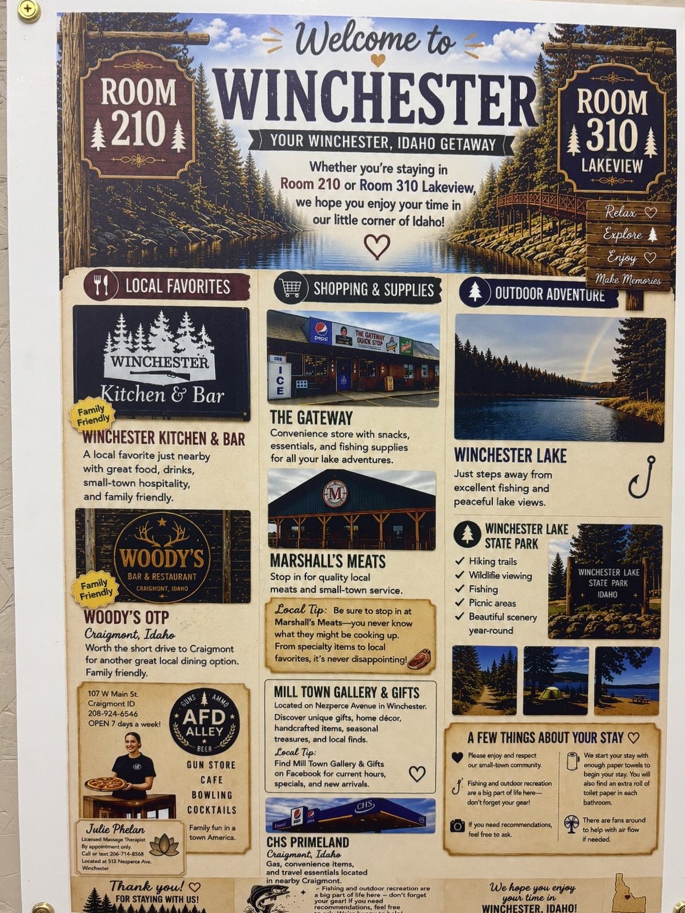 Welcome to Winchester guest guide poster — Local Favorites, Shopping & Supplies, and Outdoor Adventure around Winchester, Idaho